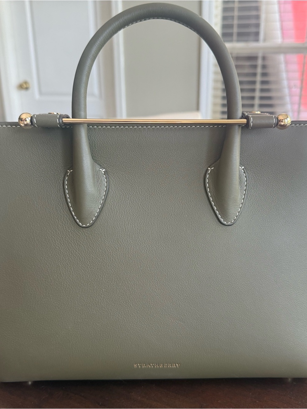 Strathberry Khaki Leather Top-Handle Tote with Gold Bar